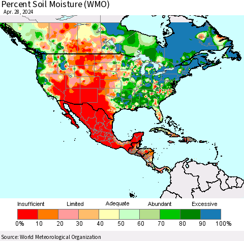 North America Percent Soil Moisture (WMO) Thematic Map For 4/22/2024 - 4/28/2024