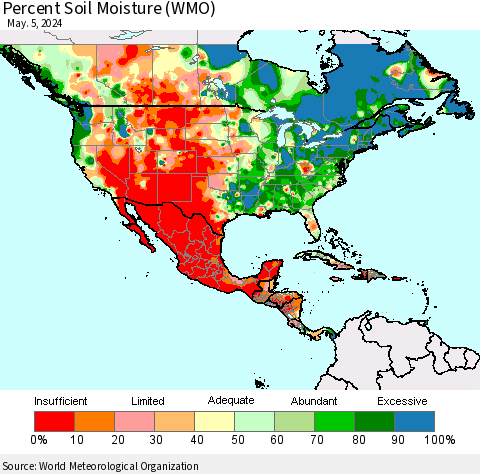 North America Percent Soil Moisture (WMO) Thematic Map For 4/29/2024 - 5/5/2024