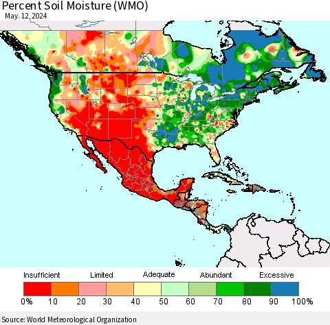 North America Percent Soil Moisture (WMO) Thematic Map For 5/6/2024 - 5/12/2024