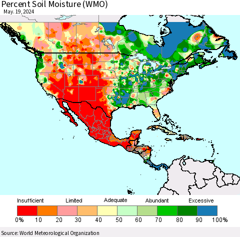 North America Percent Soil Moisture (WMO) Thematic Map For 5/13/2024 - 5/19/2024