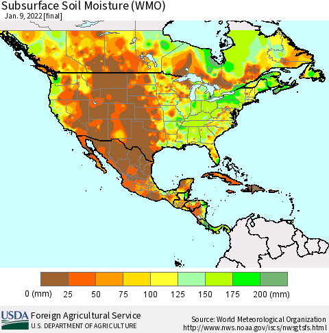 North America Subsurface Soil Moisture (WMO) Thematic Map For 1/3/2022 - 1/9/2022