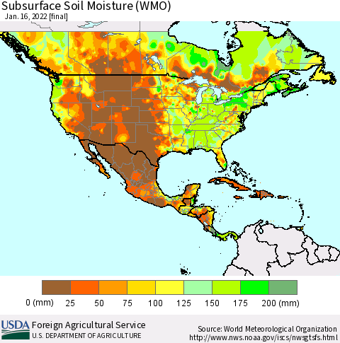North America Subsurface Soil Moisture (WMO) Thematic Map For 1/10/2022 - 1/16/2022