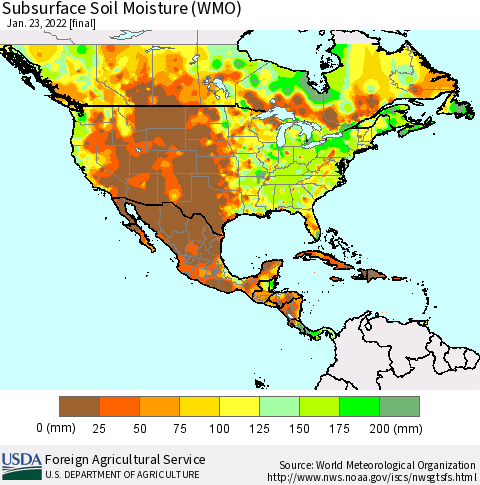North America Subsurface Soil Moisture (WMO) Thematic Map For 1/17/2022 - 1/23/2022