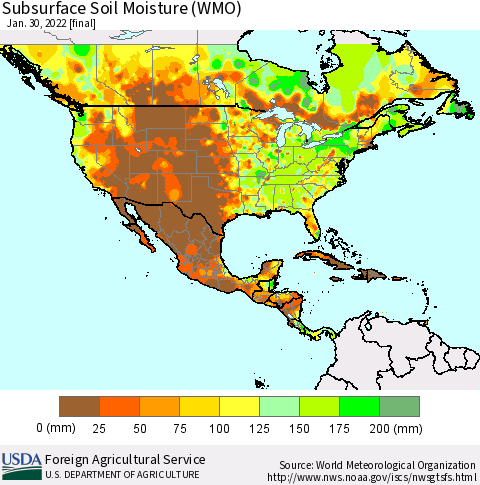 North America Subsurface Soil Moisture (WMO) Thematic Map For 1/24/2022 - 1/30/2022