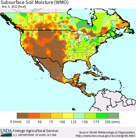 North America Subsurface Soil Moisture (WMO) Thematic Map For 2/28/2022 - 3/6/2022