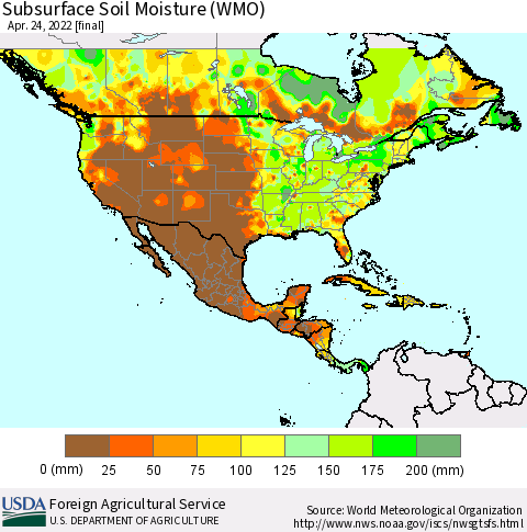 North America Subsurface Soil Moisture (WMO) Thematic Map For 4/18/2022 - 4/24/2022