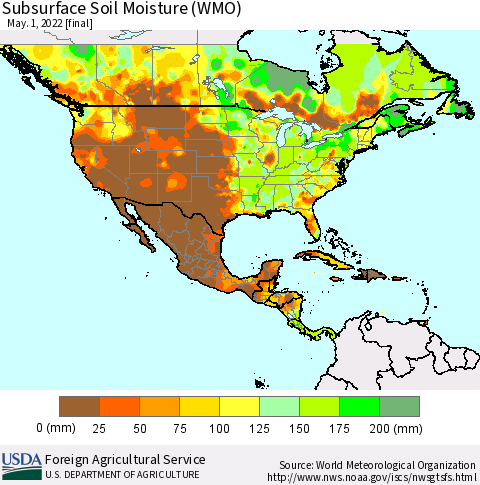 North America Subsurface Soil Moisture (WMO) Thematic Map For 4/25/2022 - 5/1/2022