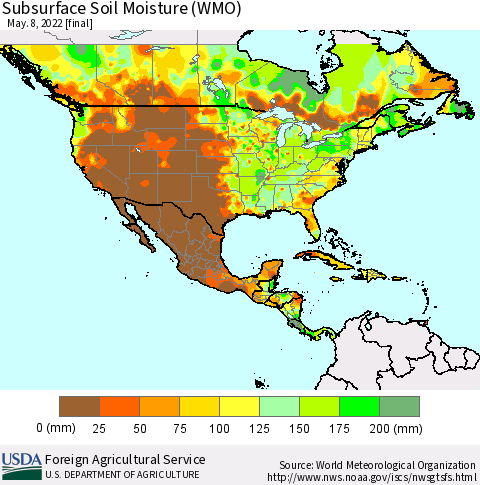 North America Subsurface Soil Moisture (WMO) Thematic Map For 5/2/2022 - 5/8/2022