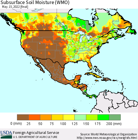 North America Subsurface Soil Moisture (WMO) Thematic Map For 5/9/2022 - 5/15/2022