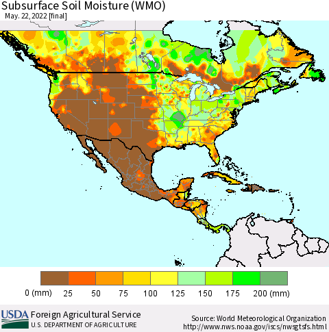 North America Subsurface Soil Moisture (WMO) Thematic Map For 5/16/2022 - 5/22/2022