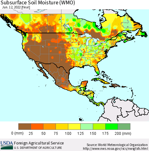 North America Subsurface Soil Moisture (WMO) Thematic Map For 6/6/2022 - 6/12/2022