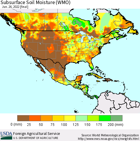North America Subsurface Soil Moisture (WMO) Thematic Map For 6/20/2022 - 6/26/2022