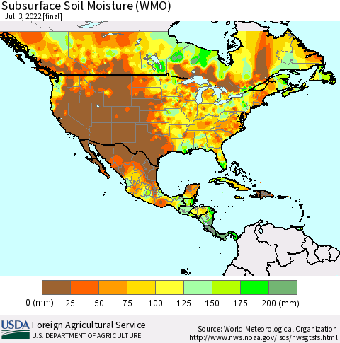 North America Subsurface Soil Moisture (WMO) Thematic Map For 6/27/2022 - 7/3/2022
