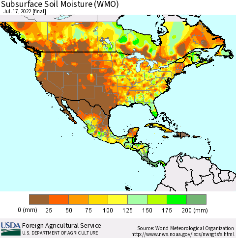 North America Subsurface Soil Moisture (WMO) Thematic Map For 7/11/2022 - 7/17/2022
