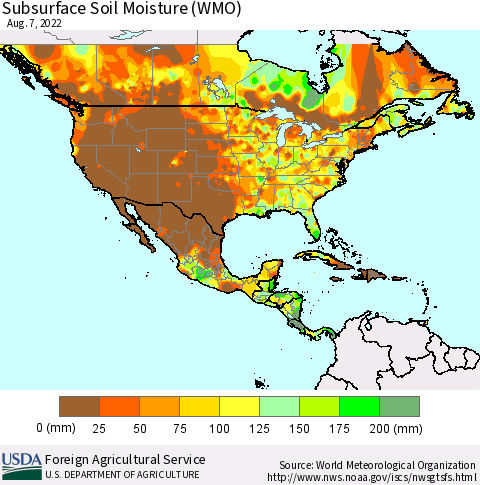 North America Subsurface Soil Moisture (WMO) Thematic Map For 8/1/2022 - 8/7/2022