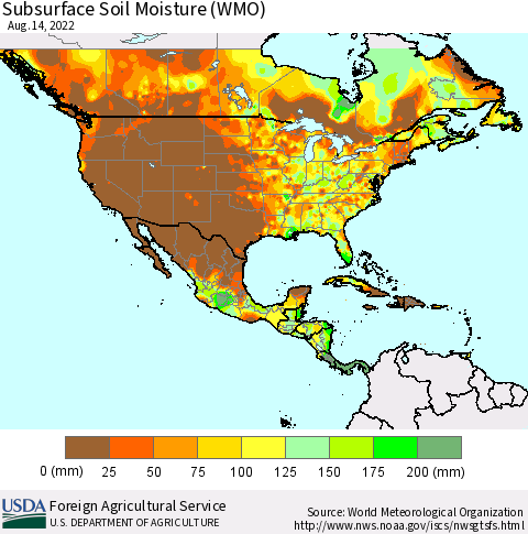 North America Subsurface Soil Moisture (WMO) Thematic Map For 8/8/2022 - 8/14/2022