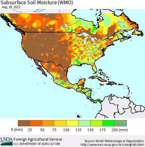 North America Subsurface Soil Moisture (WMO) Thematic Map For 8/22/2022 - 8/28/2022