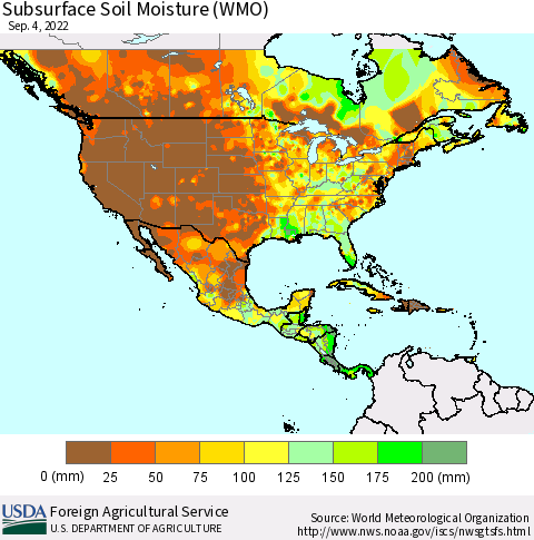North America Subsurface Soil Moisture (WMO) Thematic Map For 8/29/2022 - 9/4/2022