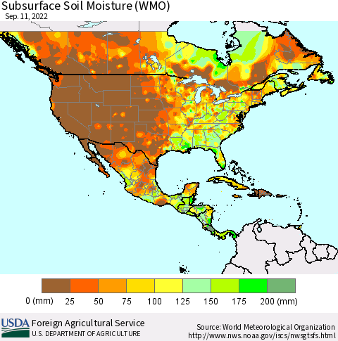 North America Subsurface Soil Moisture (WMO) Thematic Map For 9/5/2022 - 9/11/2022