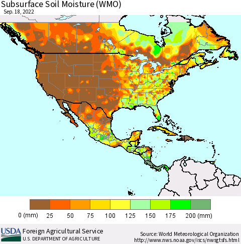 North America Subsurface Soil Moisture (WMO) Thematic Map For 9/12/2022 - 9/18/2022