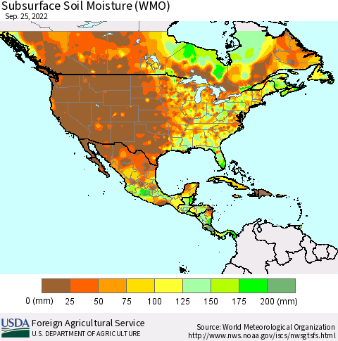 North America Subsurface Soil Moisture (WMO) Thematic Map For 9/19/2022 - 9/25/2022