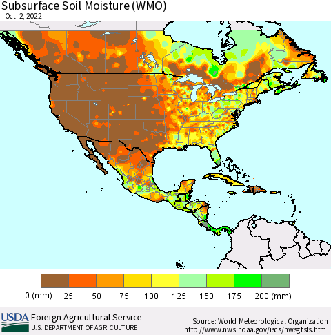 North America Subsurface Soil Moisture (WMO) Thematic Map For 9/26/2022 - 10/2/2022