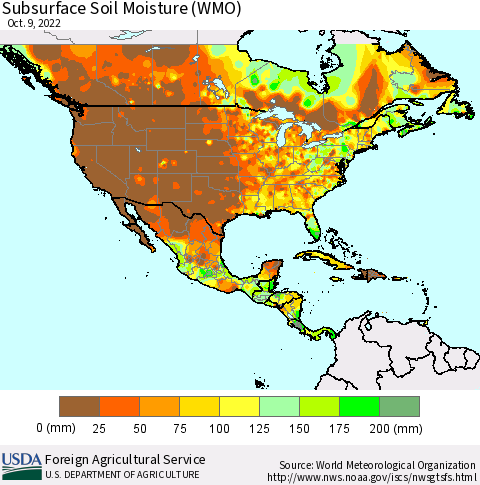 North America Subsurface Soil Moisture (WMO) Thematic Map For 10/3/2022 - 10/9/2022