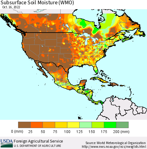 North America Subsurface Soil Moisture (WMO) Thematic Map For 10/10/2022 - 10/16/2022