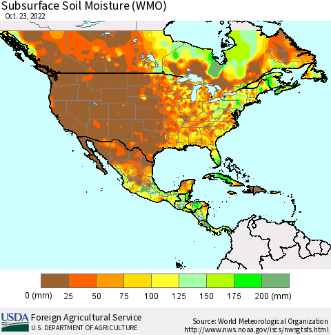 North America Subsurface Soil Moisture (WMO) Thematic Map For 10/17/2022 - 10/23/2022