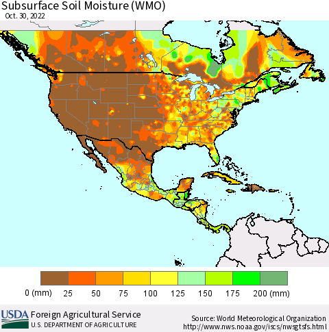 North America Subsurface Soil Moisture (WMO) Thematic Map For 10/24/2022 - 10/30/2022