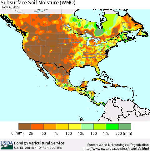 North America Subsurface Soil Moisture (WMO) Thematic Map For 10/31/2022 - 11/6/2022