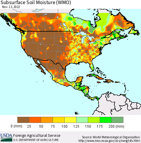 North America Subsurface Soil Moisture (WMO) Thematic Map For 11/7/2022 - 11/13/2022