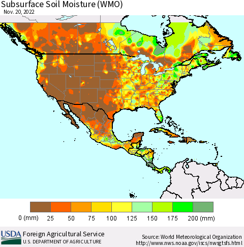 North America Subsurface Soil Moisture (WMO) Thematic Map For 11/14/2022 - 11/20/2022