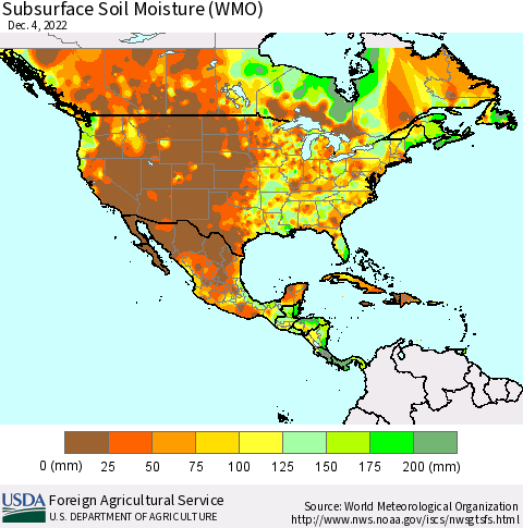 North America Subsurface Soil Moisture (WMO) Thematic Map For 11/28/2022 - 12/4/2022
