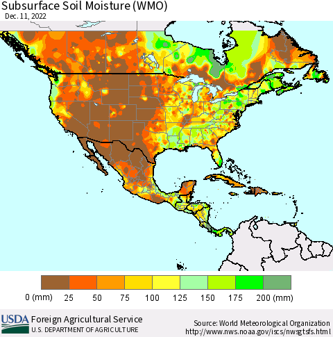 North America Subsurface Soil Moisture (WMO) Thematic Map For 12/5/2022 - 12/11/2022