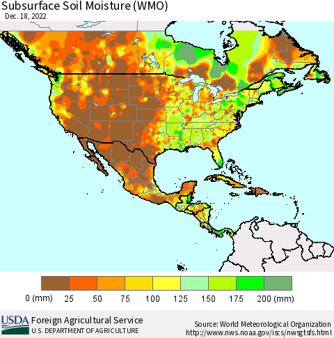 North America Subsurface Soil Moisture (WMO) Thematic Map For 12/12/2022 - 12/18/2022