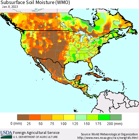 North America Subsurface Soil Moisture (WMO) Thematic Map For 1/2/2023 - 1/8/2023