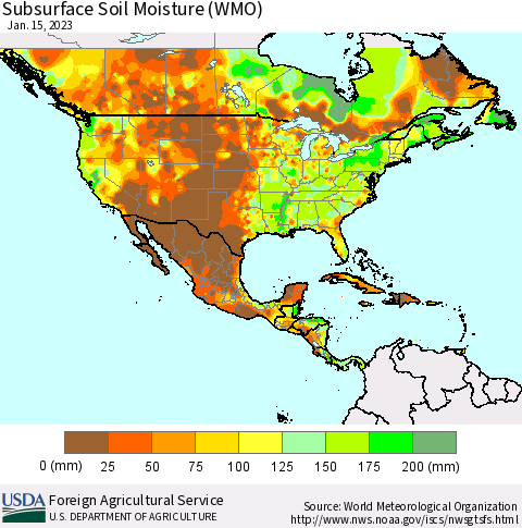 North America Subsurface Soil Moisture (WMO) Thematic Map For 1/9/2023 - 1/15/2023
