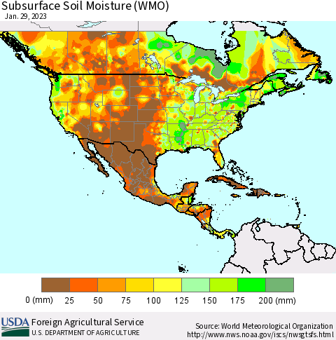 North America Subsurface Soil Moisture (WMO) Thematic Map For 1/23/2023 - 1/29/2023