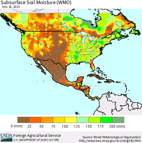 North America Subsurface Soil Moisture (WMO) Thematic Map For 2/20/2023 - 2/26/2023