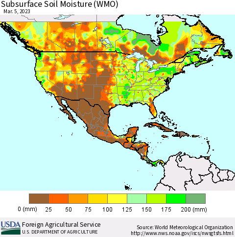 North America Subsurface Soil Moisture (WMO) Thematic Map For 2/27/2023 - 3/5/2023