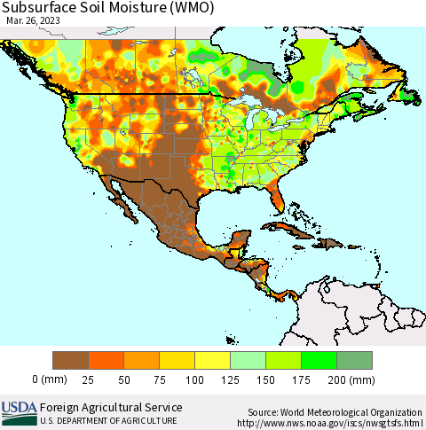 North America Subsurface Soil Moisture (WMO) Thematic Map For 3/20/2023 - 3/26/2023