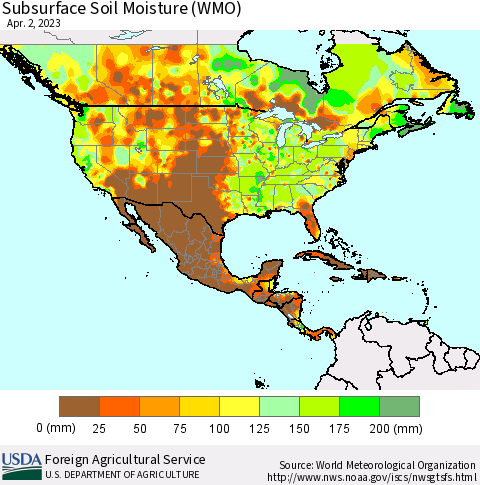 North America Subsurface Soil Moisture (WMO) Thematic Map For 3/27/2023 - 4/2/2023