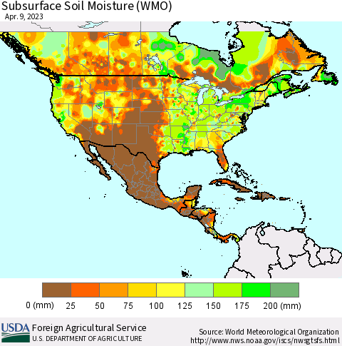 North America Subsurface Soil Moisture (WMO) Thematic Map For 4/3/2023 - 4/9/2023