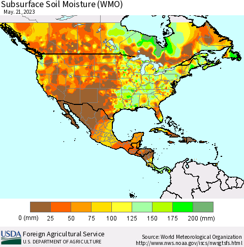 North America Subsurface Soil Moisture (WMO) Thematic Map For 5/15/2023 - 5/21/2023