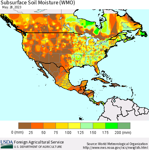 North America Subsurface Soil Moisture (WMO) Thematic Map For 5/22/2023 - 5/28/2023