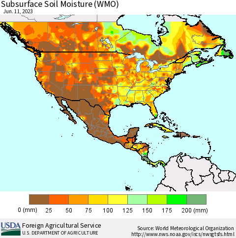 North America Subsurface Soil Moisture (WMO) Thematic Map For 6/5/2023 - 6/11/2023