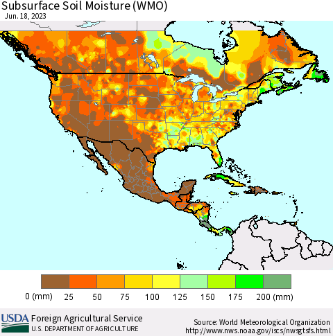 North America Subsurface Soil Moisture (WMO) Thematic Map For 6/12/2023 - 6/18/2023
