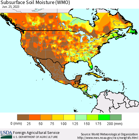 North America Subsurface Soil Moisture (WMO) Thematic Map For 6/19/2023 - 6/25/2023