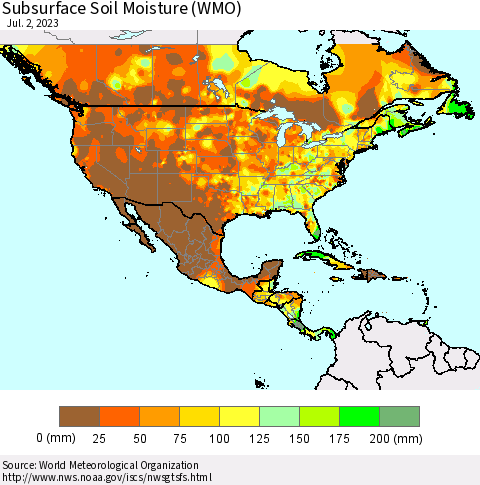 North America Subsurface Soil Moisture (WMO) Thematic Map For 6/26/2023 - 7/2/2023